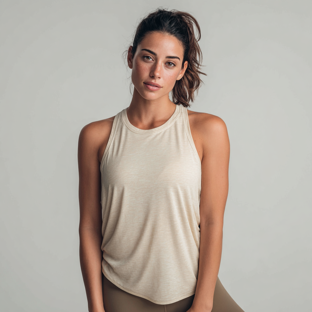 Woman in beige racerback tank top, minimalist styling