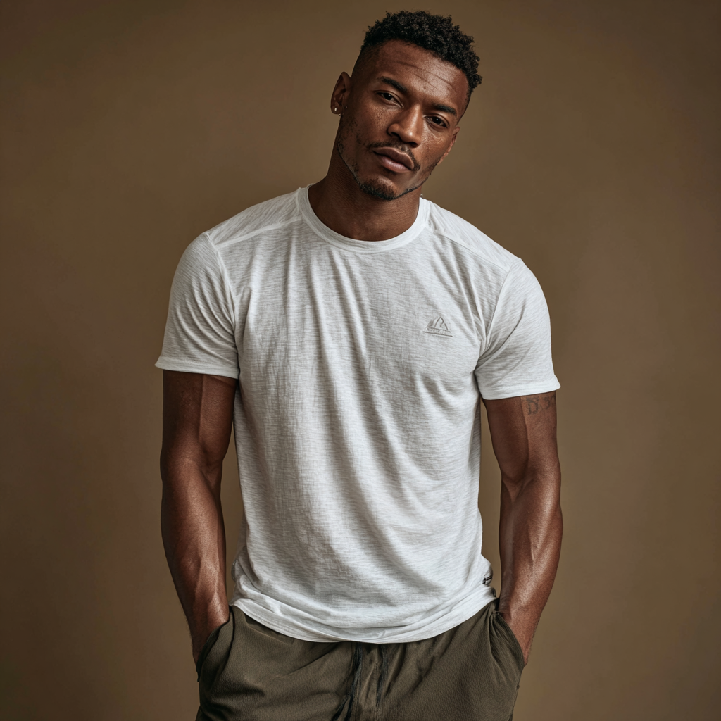 Man in heather gray t-shirt with olive joggers