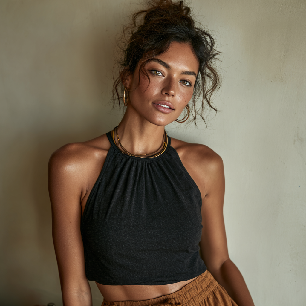 Woman in black halter crop top with gold accessories