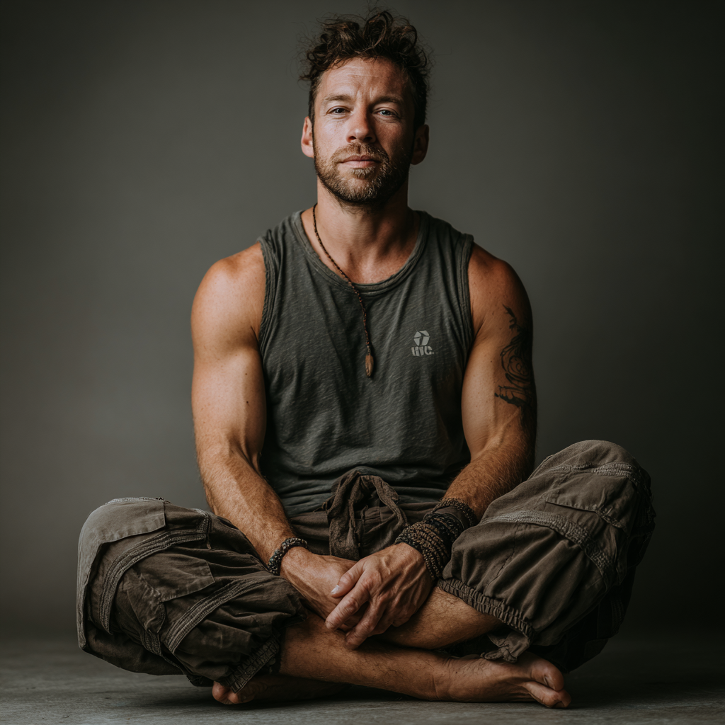 Man in meditation pose wearing dark green tank top