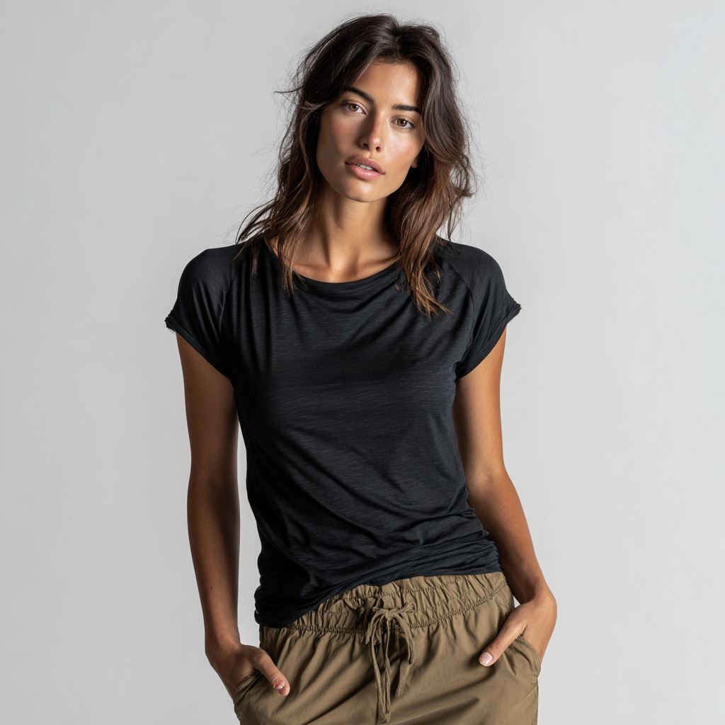 Woman wearing charcoal oversized cotton tee with olive joggers, demonstrating the relaxed fit and dropped shoulders